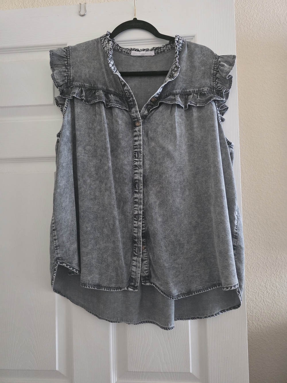 Sleeveless Washed Gray Ruffle Button-Front Denim Top